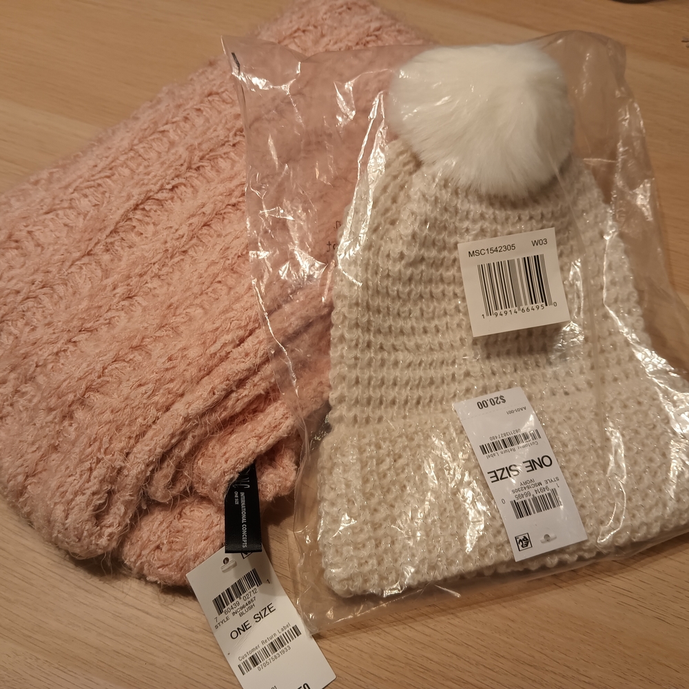 Pink Scarf and Cream Beanie Set